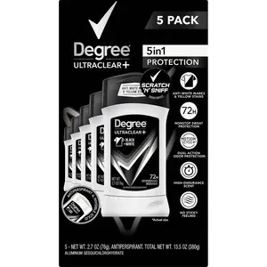 Degree Men Ultra Clear + Antiperspirant Deodorant, Black & White, 2.7 OZ (5 Count), 5in1 Protection, 72h Nonstop Sweat Protection, High Endurance Scent