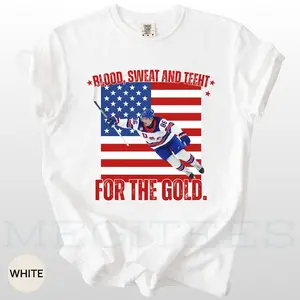Jack Hughes Shirt – Blood Sweat and Teeth for the Gold USA Hockey Tee – Olympic Golden Goal T-Shirt