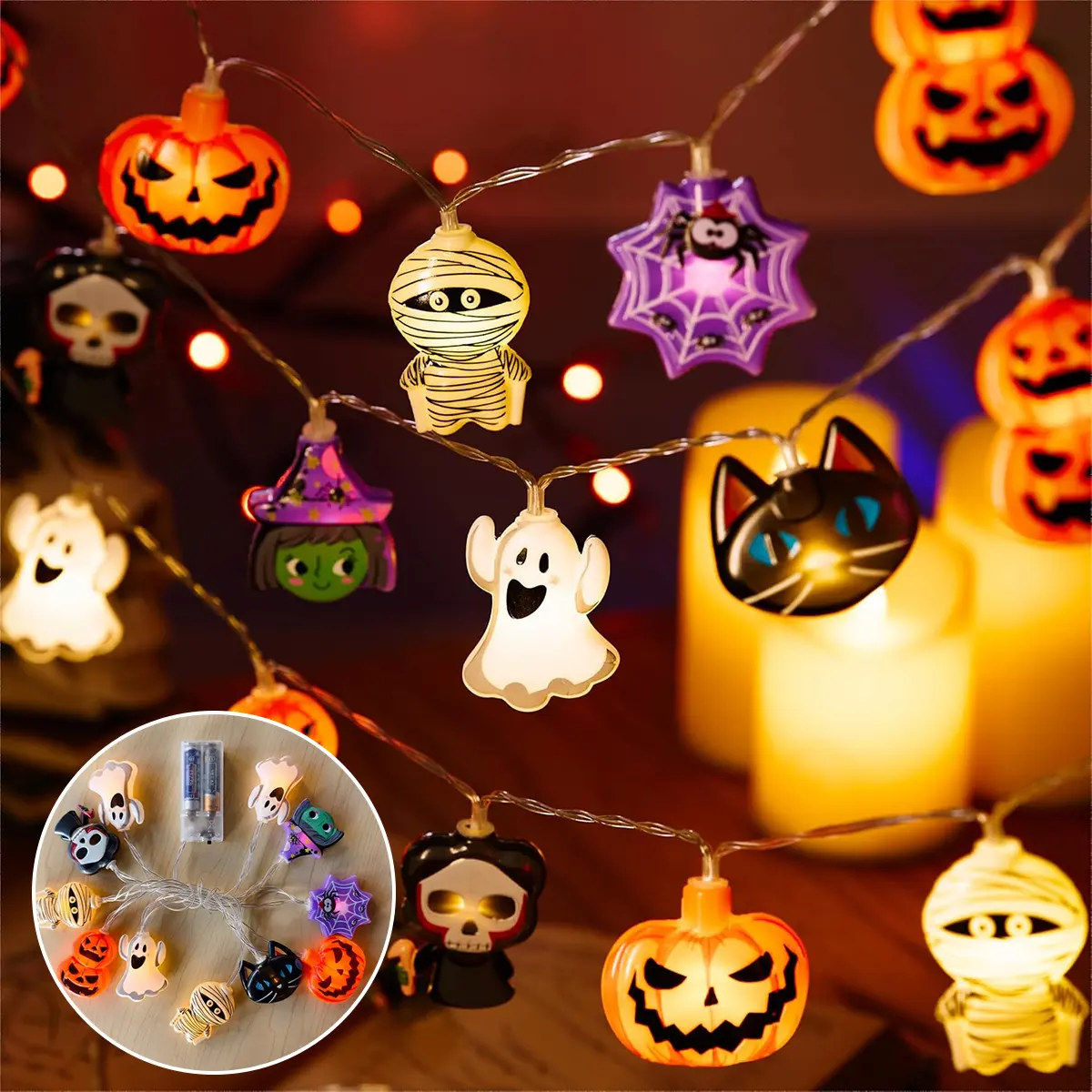 Halloween Scary LED String Lights - 1.5m Battery-Operated Festive Decor, Featuring Pumpkin, Ghost, Skull & Cat, IP44 Waterproof for Indoor/Outdoor Parties