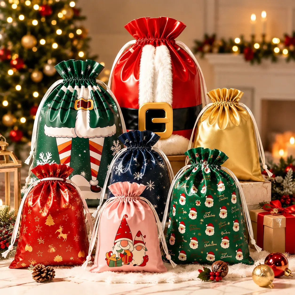 Festive Printed Christmas Drawstring Gift Bags, Assorted Small to Extra‑Large Sacks for Holiday Presents, Party Favors, Candy & Treat Storage for Xmas Celebration