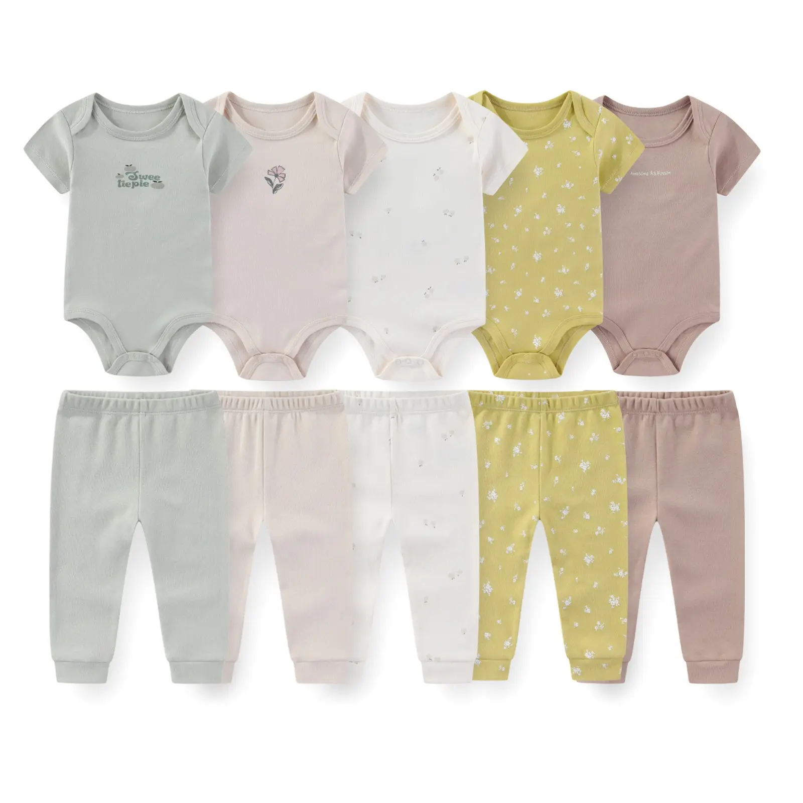Kiddiezoom 100% Cotton Baby Outfit Sets, Short Sleeve Onesies + Long Pants, Neutral Newborn 2-Piece Clothing Bundle