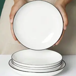 Set of 4 Ceramic Plates, 7 Inch Simple Japanese Pasta Bowl, 8 Inch Ceramic Salad Plate, Minimalist Dessert Sandwich Dish
