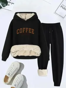 Women Letter Print Drop Shoulder Thermal Lined Sweatshirt Drawstring Waist Sweatpants Two Piece Set 2026 Casual Fashion Cozy Breathable Daily Womenswear Ladies Fall Winter