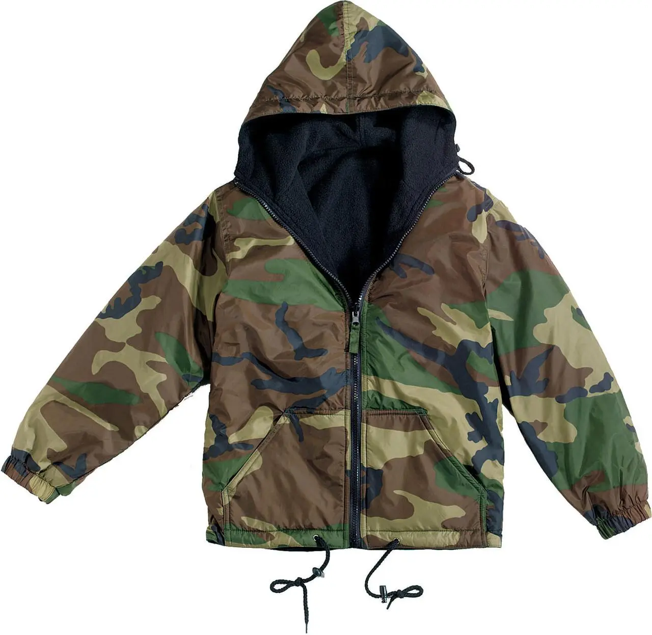 Men's Camouflage Print Shell Coat, Reversible Waterproof Nylon Jacket with Fleece Lining and Metal Zipper, Hooded for Hunting & Work, Menswear Tops