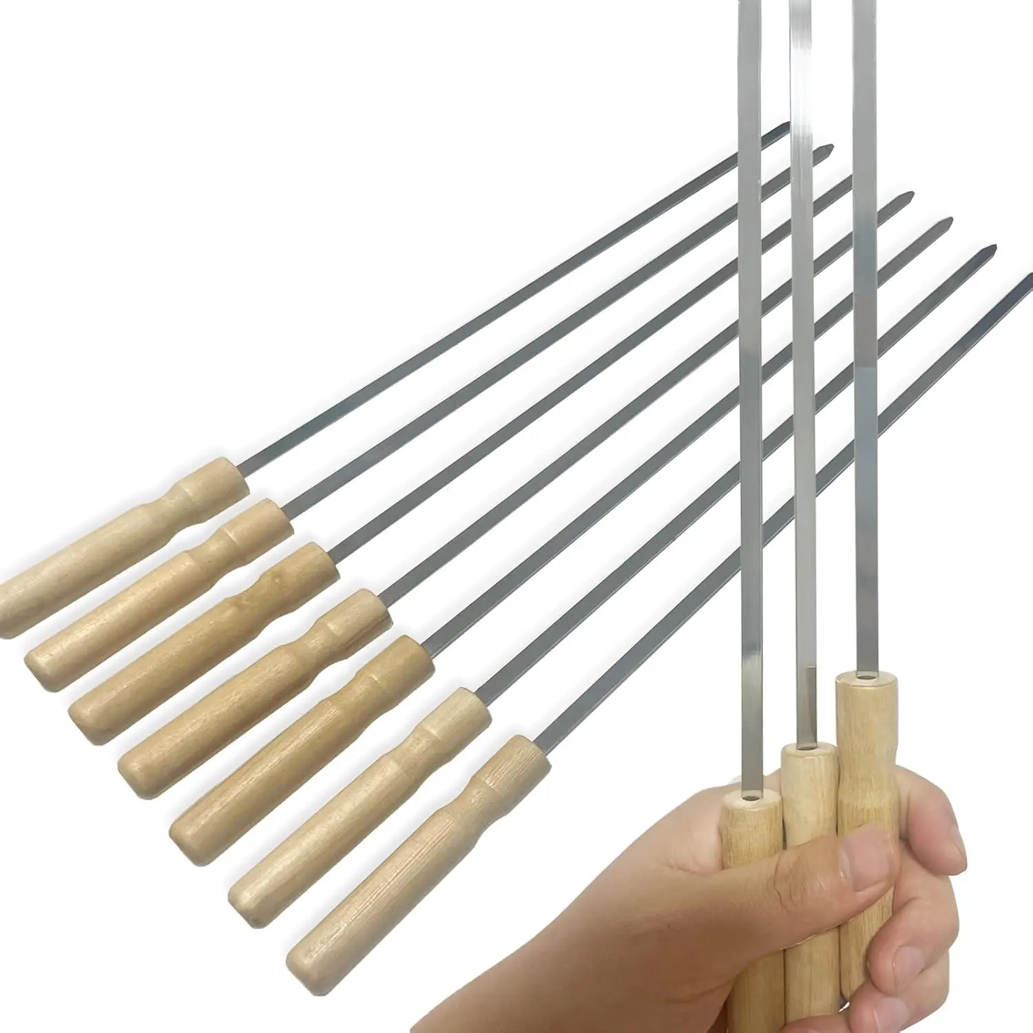 QUSEVOO 10-Piece 16in Premium Stainless Steel Flat Kabob Skewers - Durable Kitchen Barbecue Accessories with Sturdy Heatproof Wooden Handles, Pointed Tips, Easy-to-Clean Reusable Utensils for Backyard BBQ, Summer Outdoor Use