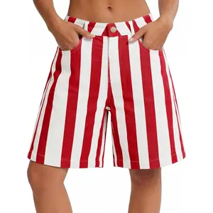 Tankaneo Womens Striped Bermuda Jean Shorts Summer Casual Trendy High Waisted Wide Leg Denim Jorts