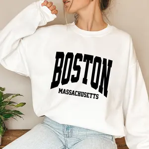 Women's Boston Letter Print & American Flag Stripes Crew Neck Sweatshirt - Casual Pullover, Cozy Fall & Winter Long Sleeve Top, Machine Washable, Sporty Pullover, Soft Texture Fabric, Everyday Outfit, Comfortable Material, Pullover Top, Streetwear Lovers