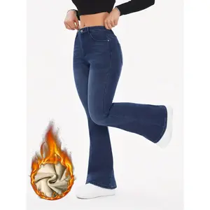Women's high waisted flared jeans with wool lining - light washed blue coarse twill cotton fabric, elastic and comfortable stretch, machine washable all season tapered legs and flared hem, casual to formal wear, solid color retro washed denim pants