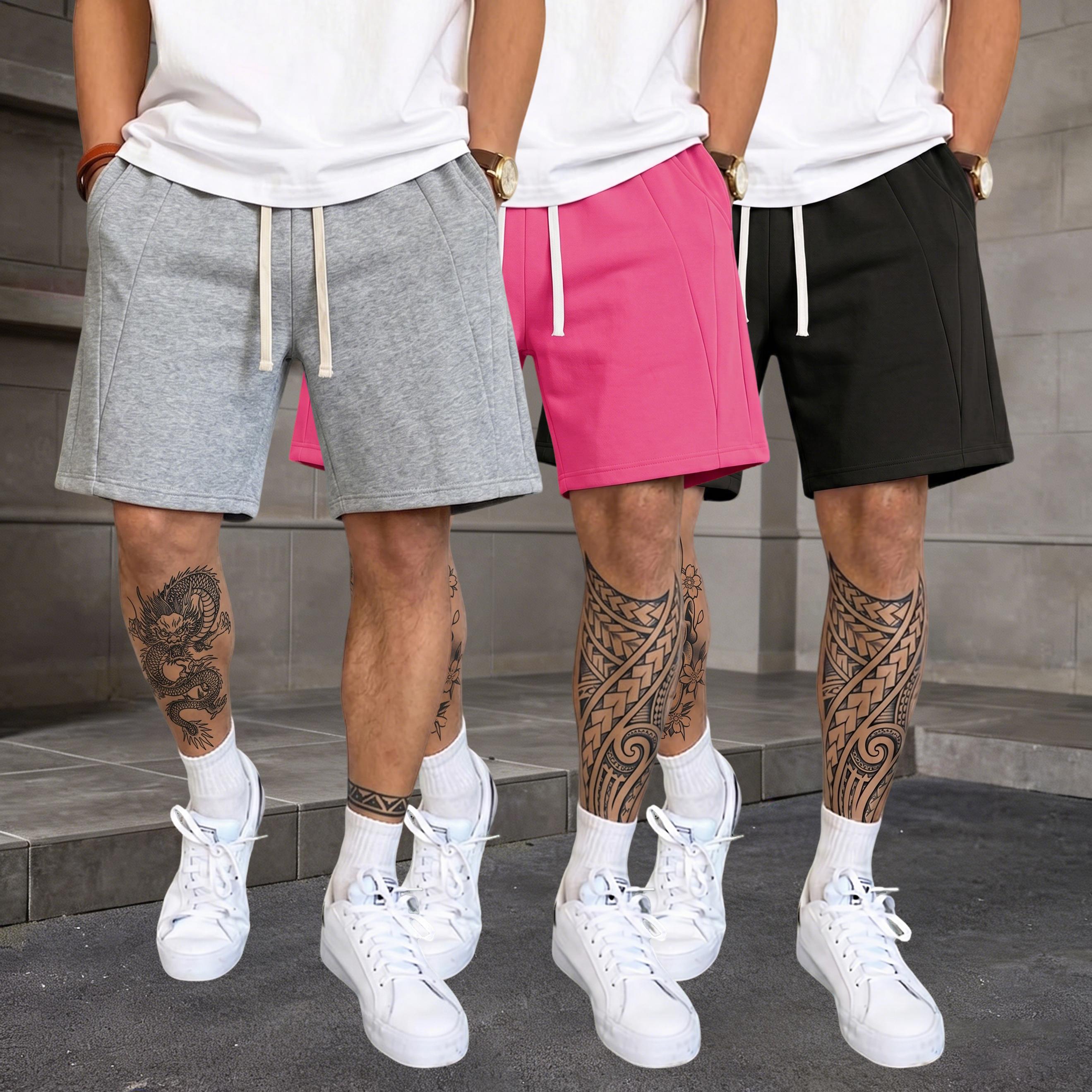 Pack of 3 men’s couple drawstring elastic-waist athletic casual shorts—summer outdoor wear, comfortable sweat shorts made of cotton, versatile with a niche design; fashionable, trendy, and easy to match.