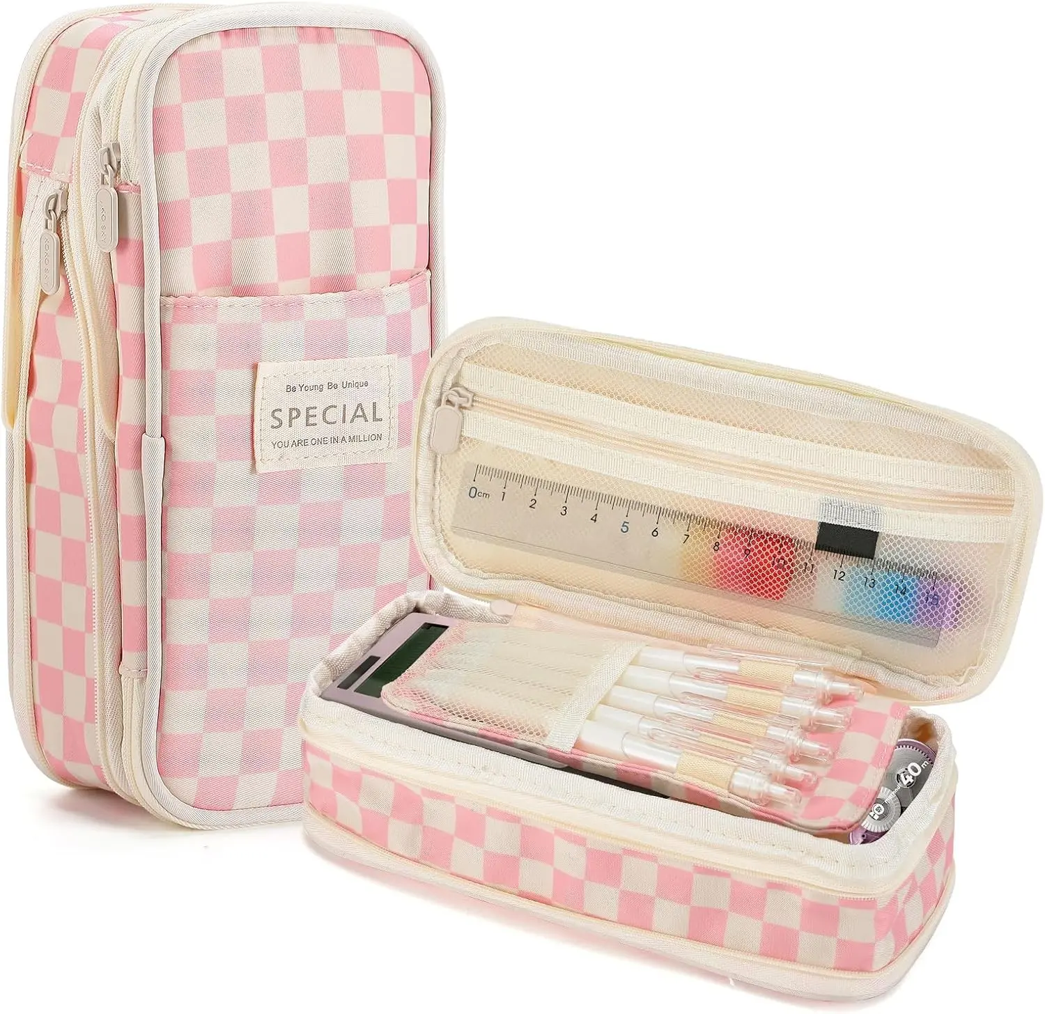 Bigmeta Gingham Expandable Pencil Case for Teens Girls - Pink | Zipper Gusset for Adjustable Capacity, Checkered Cute Pencil Pouch, Stationery Bag Box for Student Back to School Gifts Gift
