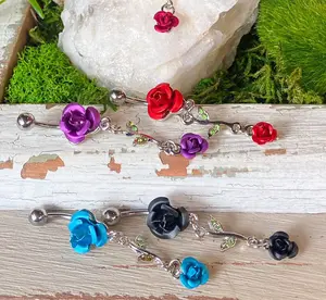1pc Double Rose & Vine Belly Ring Navel Piercing Pierced Naval Flower Jewelry