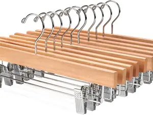10-Pack Natural Solid Lotus Wooden Pants, Jeans & Skirts Hanger Set - Home Organizer with 2 Adjustable Clips and Anti-Rust Hanging Hook