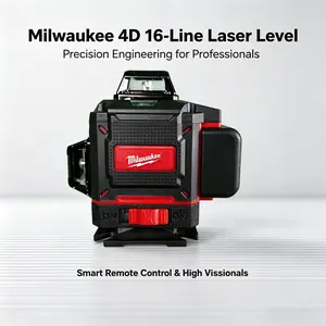 Milwaukee Striped Laser Level with 4D 16 Lines and 25m Range. Features ±3° self-leveling function and large capacity battery, great for indoor renovation and daily mounting work.