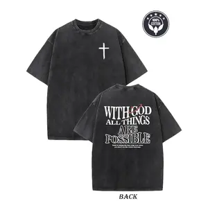 Men's Heavyweight 230gsm Cotton Vintage Washed T-Shirt - Dual-Sided "with God All Things Possible"Cross Print, Loose Fit Hip Hop Streetwear, Round Neck Short Sleeve Casual Tee for Casual Attire, Ribbed Neckline Shirt Crewneck Knit Fabric Tshirt