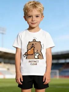 Cartoon Water Pig Chicken Leg Coffee Print Short Sleeve Shorts Set, Fun Casual Kids Clothing, Cute and Quirky Style