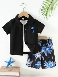 Boys Hawaiian Style Set Outfit, 2-Piece Palm Tree Print Button Shirt & Shorts, Toddler Summer Beach Wear, Kids Casual