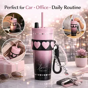 [Sidagar] Office And Commute Tumbler Water Bottle For Women, Portable Drinkware Cup For Coffee Cups, Leak-Proof Straw Lid, Slim Base Fits Car Cup Holder, Heart Silicone Band With Bracelet Charm, Wide Mouth Easy Clean, 24oz