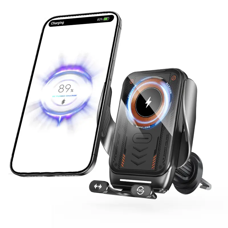 BiLOLLY 15W Output Fast Charging Wireless Car Phone Holder - Automatic Clamping, 1-Touch 90° Adjustable Rotation, Metal Clamp Arms, USB-C Power, Air Vent Hook, Optional Suction Cup, Fast Charging Solution for Qi-Compatible iPhones & Android Smartphones