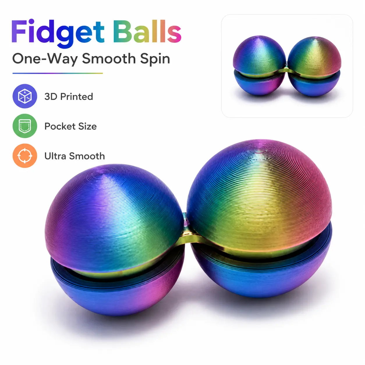 Gradient Rainbow 3D Printed 1-Way Rotating Fidget Balls with Built-In Bearings - Pocket Hand Roller Desk Toy for Adults, Smooth-Spinning Home Decor Figurine