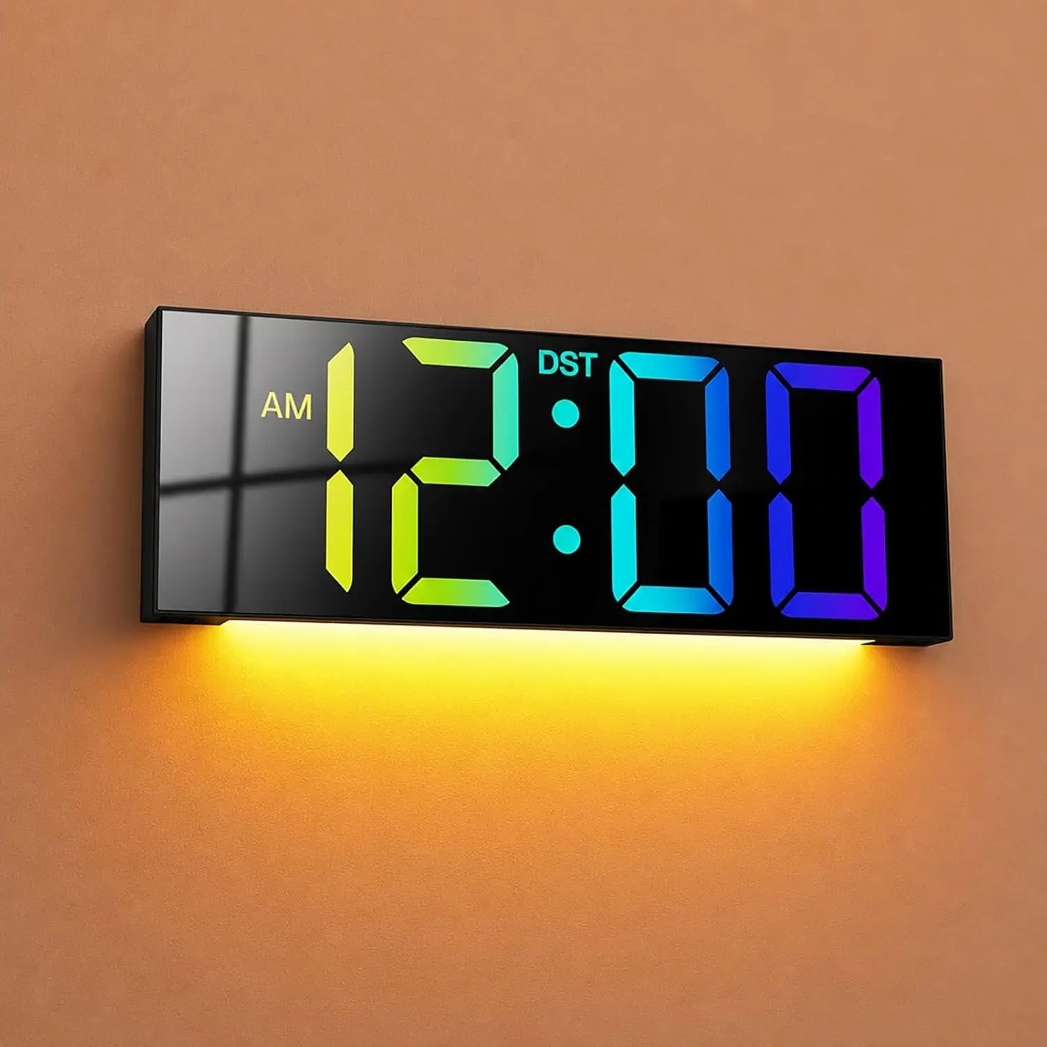 JALL 12" Large Digital Wall Clock with LED Display, Color Changing RGB, Remote Control, Automatic DST, Built-in Memory Battery, Customizable Night Light for Living Room, Senior Gift (Black)
