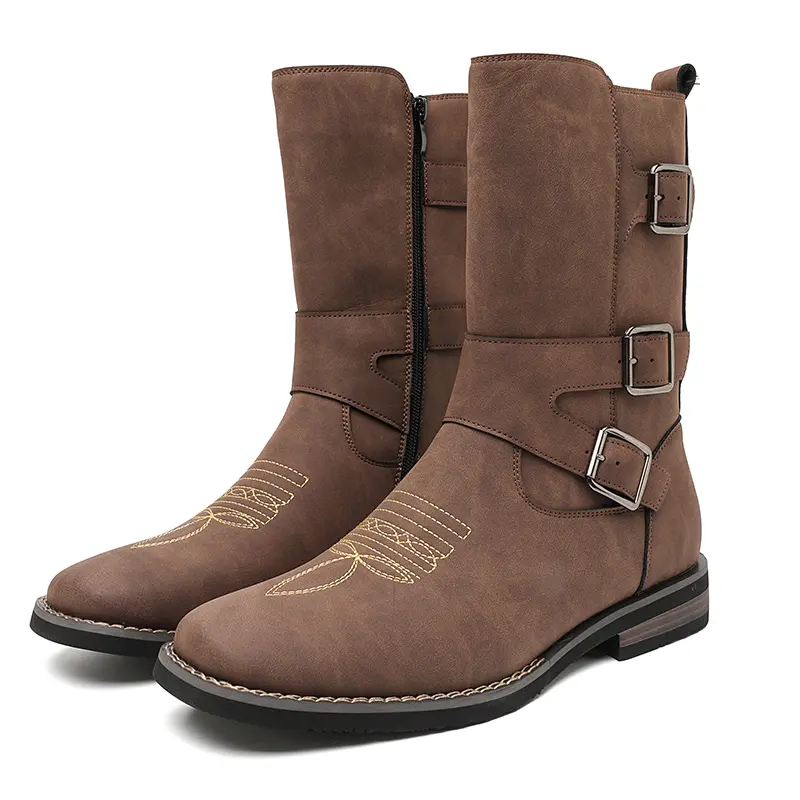 CYUW Men’s Plus-Size Western Cowboy Boots, Buckle Design, Embroidered Style, Casual Ankle Boots Available in Brown and Black