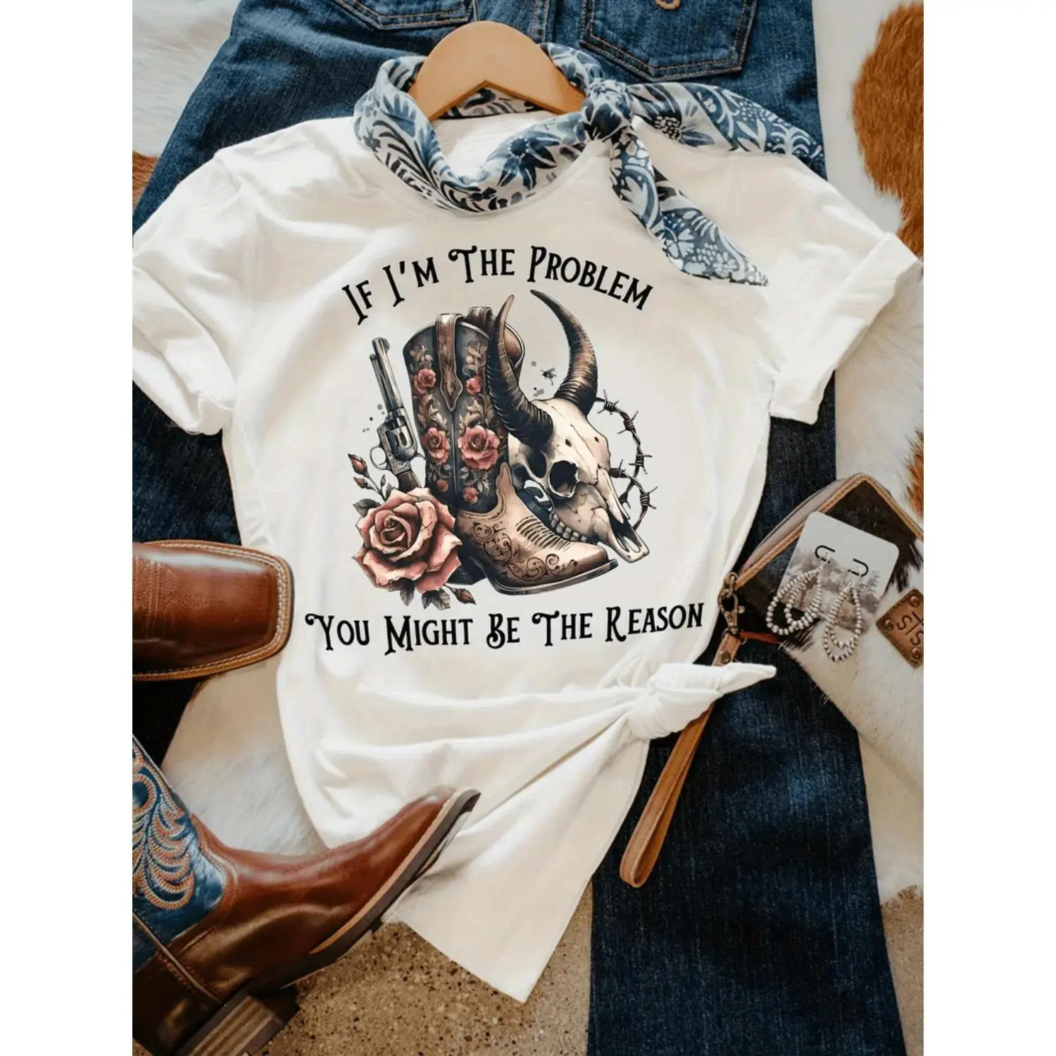 Women's Unisex Short-Sleeve Printed Western Graphic T-Shirt, Bull Skull & Cowboy Boots Design, Retro Country Music "If I'm The Problem" Quote, White Casual Sports Top, Shortsleeve, Tshirt