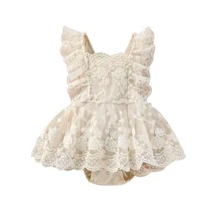 Newborn Baby Girl Outfits Plain Floral Lace Tulle Embroidery Romper Square neckline Jumpsuit  Infant Summer Clothes 0-24 Months
