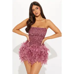 Zoey Feathered Sequin Mini Dress - Mauve