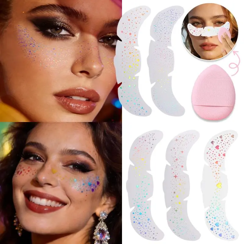 5pcs Rainbow Heart-Shaped Star Fake Freckle Tattoo Stickers with Face Brush Set for Face Makeup Waterproof Temporary Tattoos