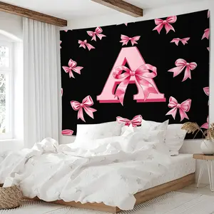 Coquette Pink Bow Initial A Tapestry, Girly Monogram Ribbon Bow Tapestries, Cute Aesthetic Wall Hanging, Perfect for Bedroom, Living Room, Dorm, Photo Background, Great Gift for Trendy Girls