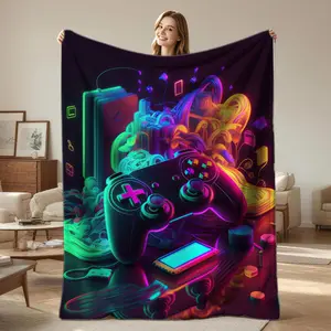 Neon‑Printed Flannel Gaming Controller Blanket, A Unique Cyberpunk‑Style Gaming Controller Blanket That’s Lightweight and Easy to Store, Combining Warmth and Practicality With a Trendy Decorative Touch