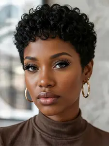 pixie cut daily party cosplay gift use  wig natural black color short  afro curly human hair wig machine made pixie cut human hair wigs for women