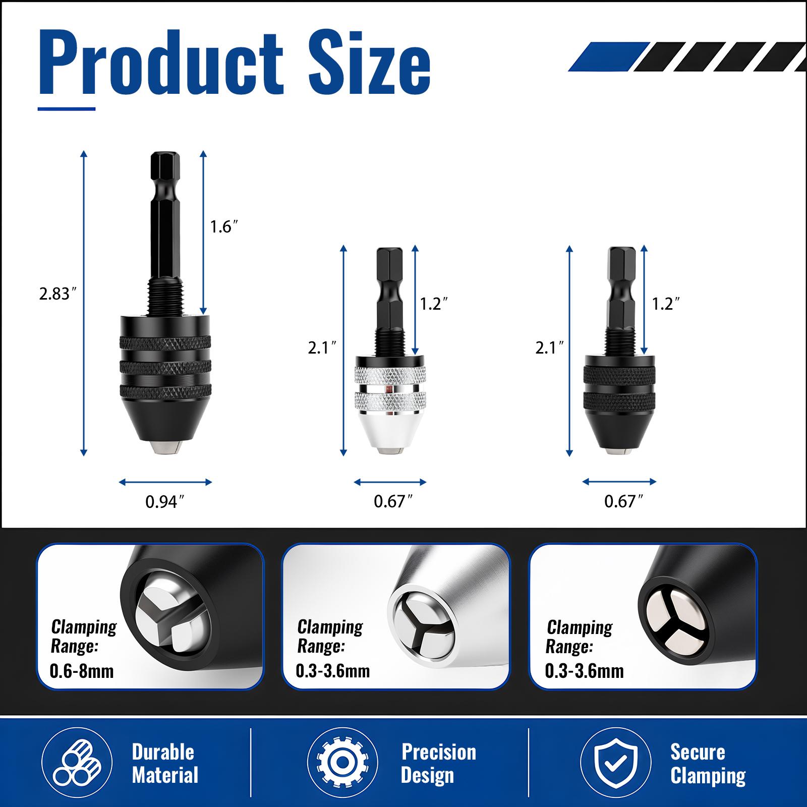 GJANSH 2Pcs Keyless Drill Chuck Adapter Set, 1/4" Hex Shank Quick Change (0.3-8mm) – Fits Impact Drill & Power Tools, Carbon Steel, for Milwaukee, DeWalt, Makita (2-Piece) toolupgrade