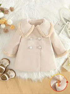 Winter solid color versatile plush lapel button jacket for baby girls, suitable for outdoor wear, fashionable and exquisite versatile jacket for baby girls, baby girl jacket