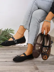 French Vintage Soft Style Plain Leopard Print Mary Jane Shoes, Round Toe Low Heel Flat Shoes, Lightweight Anti-Slip Casual Office Shoes