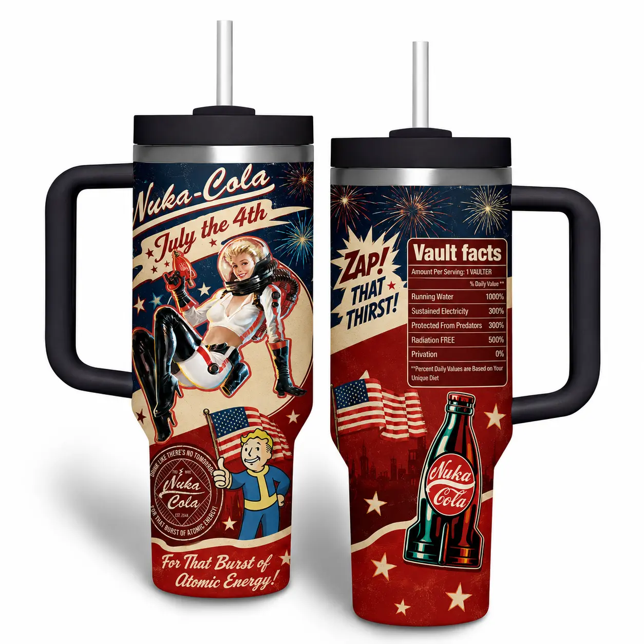 40oz Insulated Stainless Steel Fallout Nuka-Cola Travel Tumbler - July 4th Independence Day, Retro Pin-Up Girl, Vault Boy, Vault Facts Art - Portable Bottle with Handle, Straw, Lid, Stylish Gamer Gift