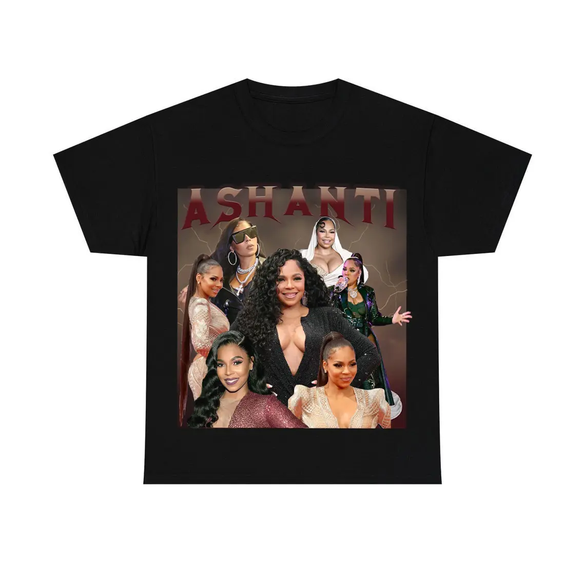 Women's Ashanti Graphic Print T-Shirt - Short-Sleeve, Round Neck, Fitted Basic Cotton Casual Top for R&B Music Legend Fans, Shortsleeve, Digital Print, Crew Neck, R&B Music Legend Print
