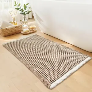 Waffle Bath Mat - Boho Bathroom Rugs Non Slip Washable, Super Absorbent & Quick Dry, Small Bath Mats Farmhouse Bathroom Decor, 18'' x 30'', Khaki and White Thick