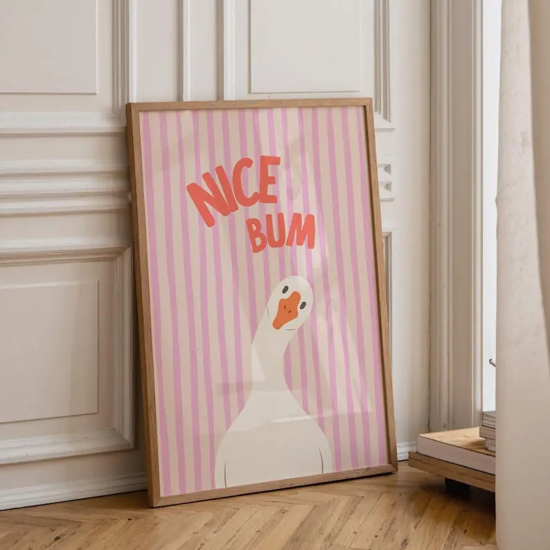 Goose Wall Art Print Coquette bathroom decor, Pink Sage green Stripes Nice Bum Poster