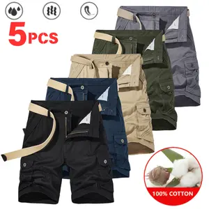 Men's Plain 100% Cotton Cargo Casual Shorts, 5-Pack Menswear with Mid Waist, Button Closure, Loose Fit, Multi-Pocket Design with Belt, Skin-Friendly Breathable Fabric, Suitable for Everyday Outings,summervibes
