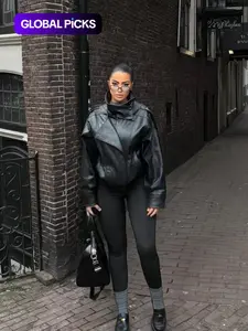 New Fashion Women's Lychee Pattern PU Leather Jacket, Casual Comfy Jacket, European and American Style Outerwear for Autumn and Winter