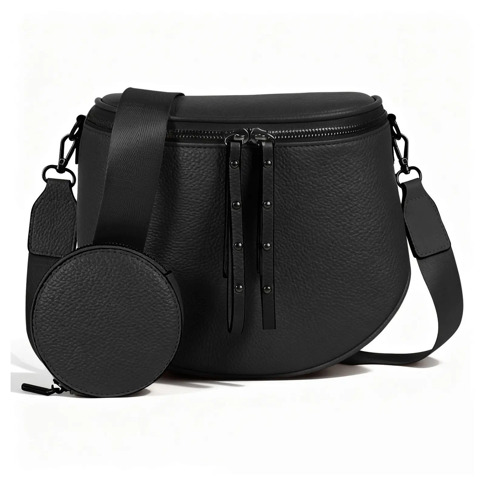 Black Leather Crossbody Bag with Detachable Coin Purse, Wide Adjustable Nylon Strap & Dual Zipper Closure - Minimalist Everyday Shoulder Bag
