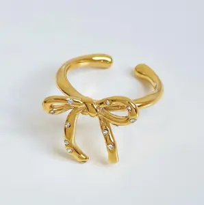 Gold Diamond Bow Ring Gold Plated with Sparkling Diamonds for Stylish Elegance