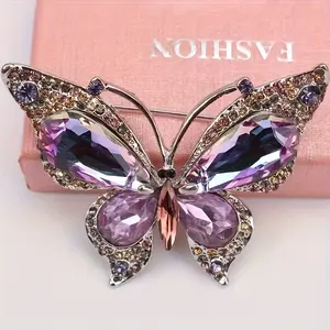 Women's Retro Butterfly Brooch - Irregular Rhinestone Decorative Lapel Pin, Shiny Insect Accessories with Purple and Blue Gemstones for Blazers, Jackets, Hats and Bags