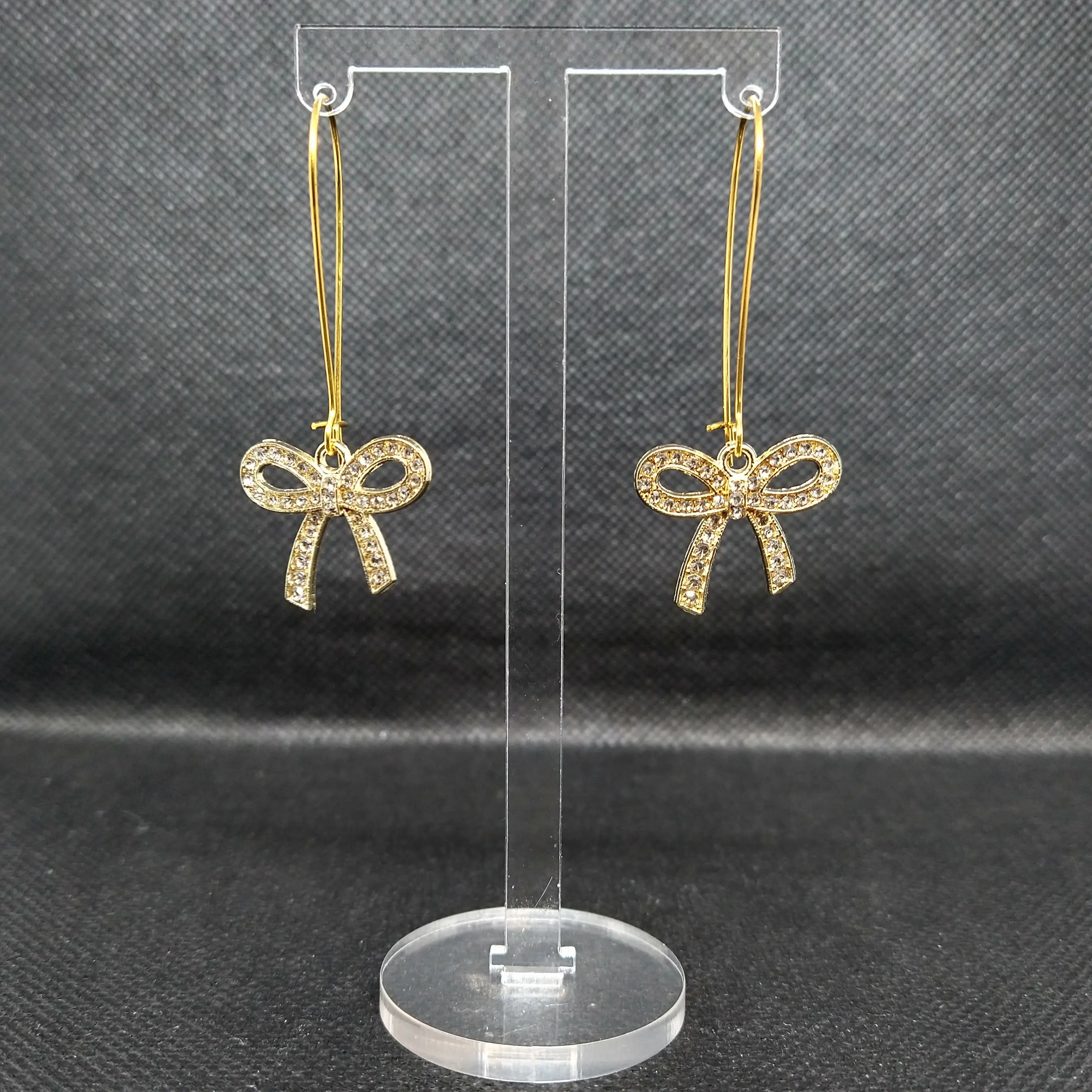 #524 Silver or Gold Colored Bow with Rhinestones Earrings, Casual, Elegant, Everyday, Alloy