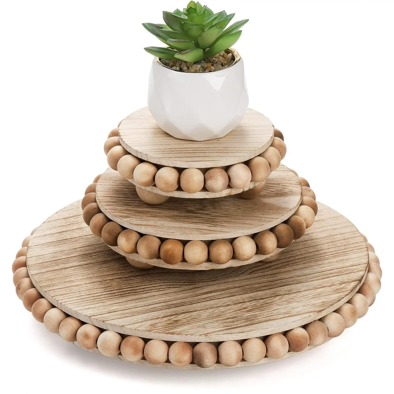 Set of 3  Risers for Display, Farmhouse Wooden Pedestal Stand, Rustic Stool  Pot Holder, Beaded Display Riser for Tiered Tray Home Kitchen Counter Table Decor, 9.5/6/4 Inches