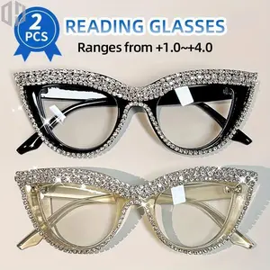 2 Pairs of Elegant Cat Eye Reading Glasses with Anti-Blue Light Rhinestone Decoration for Fashionable Ladies +1.0 to +4.0 for Elderly Reading and Writing Retro Aviator Sunglasses UV Protection