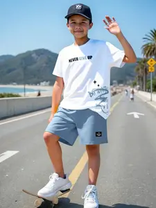 2pcs Tween Boys' Casual College Style Cute Pattern Round Neck T-Shirt And Shorts Set, Suitable For Commuting, School, Daily Casual, Sportswear, Skater, Spring Summer, Boys  Shorts Set