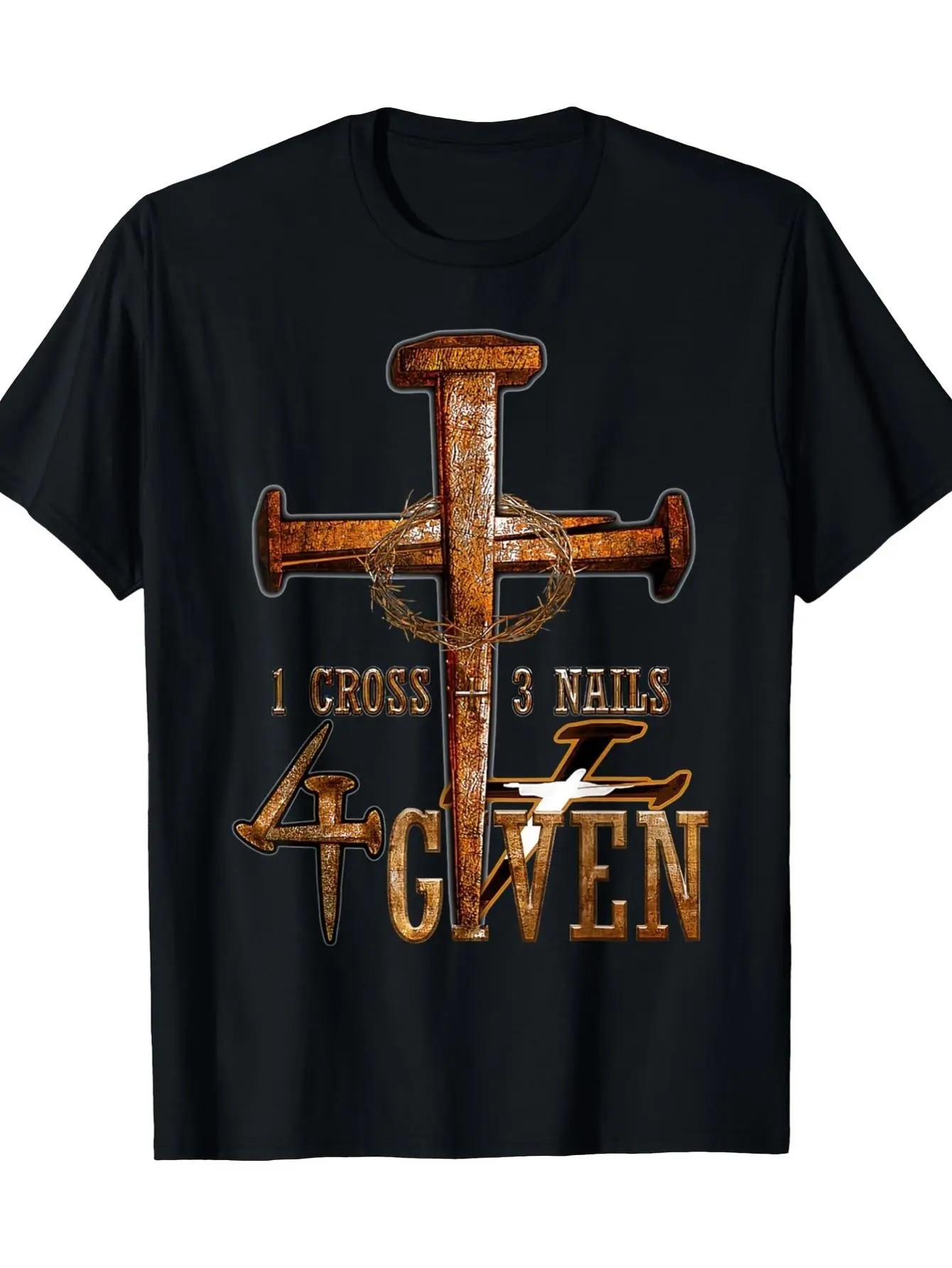 Men's Classic Fit Cross Print Shortsleeve Tee, '1 Cross 3 Nails 4 Giving' Religious Graphic, Soft Touch Faith-Based Fashion, Round Neck, Cotton