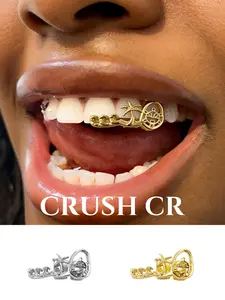 CRUSH CR Y2K Tropical Beach Tooth Cap Grillz, Teeth Cover Girls for Women Teens 18K Gold Plated Vacation-Ready Design with Wave Palm Tree Accents, Hypoallergenic Removable Perfect for Festival Fits Rave Outfits Beach Days 2000s Vibes Dental Jewelry